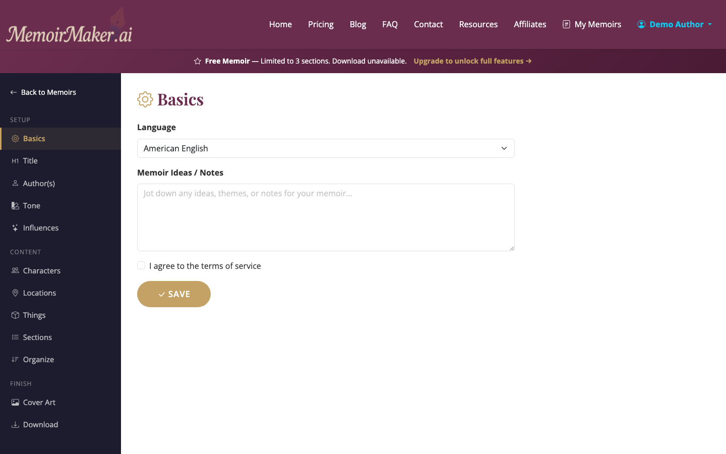 Use the editor to type notes, record memories, generate chapter prose, edit inline, and reorder chapters.
